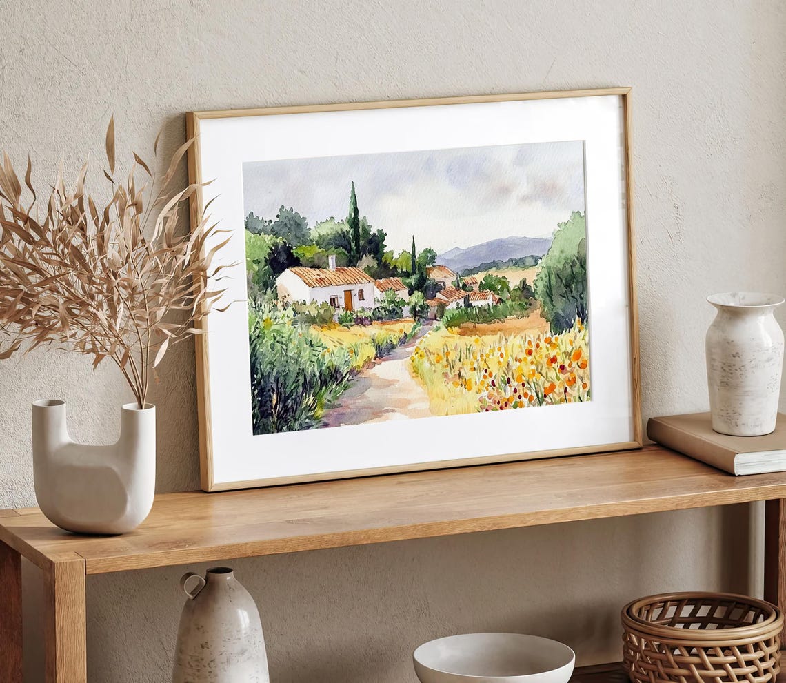 Soutomaior Painting Spanish Countryside Watercolor Art Print Spain Wall Art Camino Hiking Print Yellow Field Art Travel Poster - Image 2