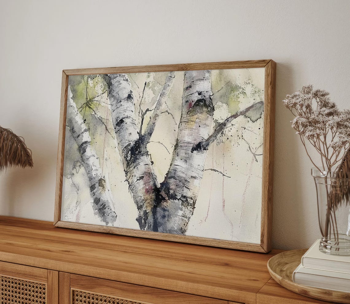 White Birch Tree Trunks in Soft Watercolor Forest Close Up Poster - Image 4
