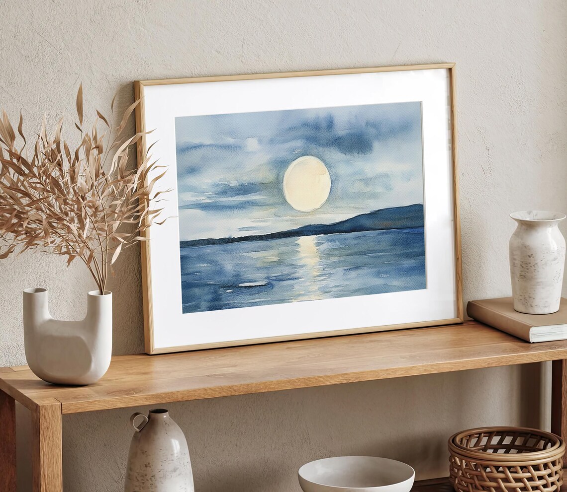 Full Moon Over the Ocean Night Seascape Watercolor Blue Moonlight Poster - Image 3