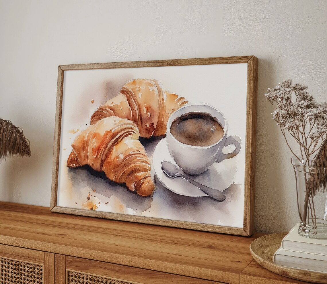 French Breakfast Watercolor Coffee and Croissant Art Print - Image 4