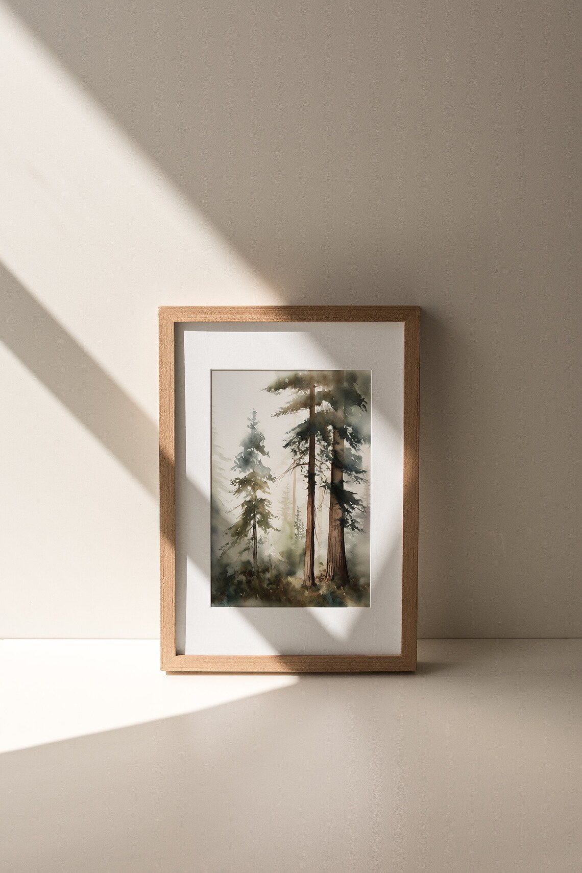 Pine Forest Watercolor Foggy Landscape Art Print - Image 2