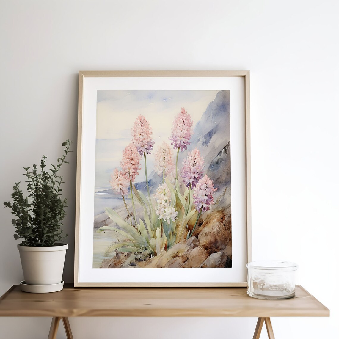 Pink Hyacinth Blooms on a Rocky Coastal Cliff Watercolor Poster - Image 5