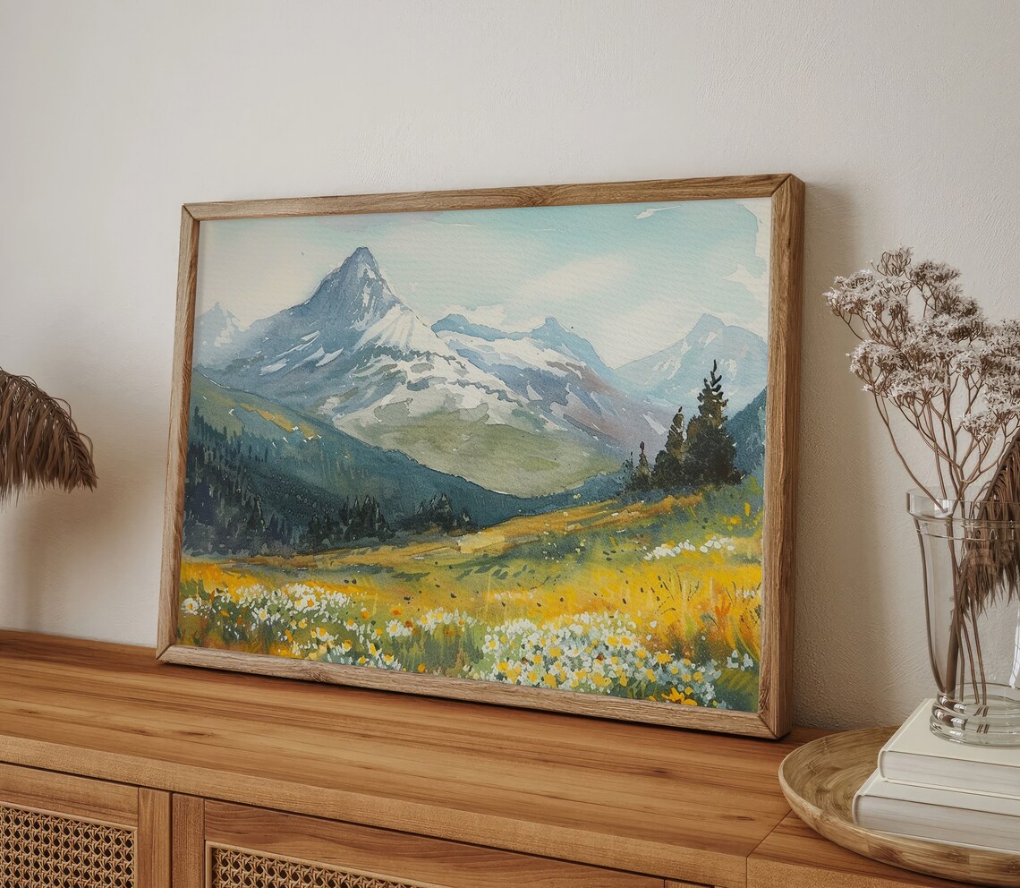 Rocky Mountains Daisy Field Watercolor Art Print - Image 3
