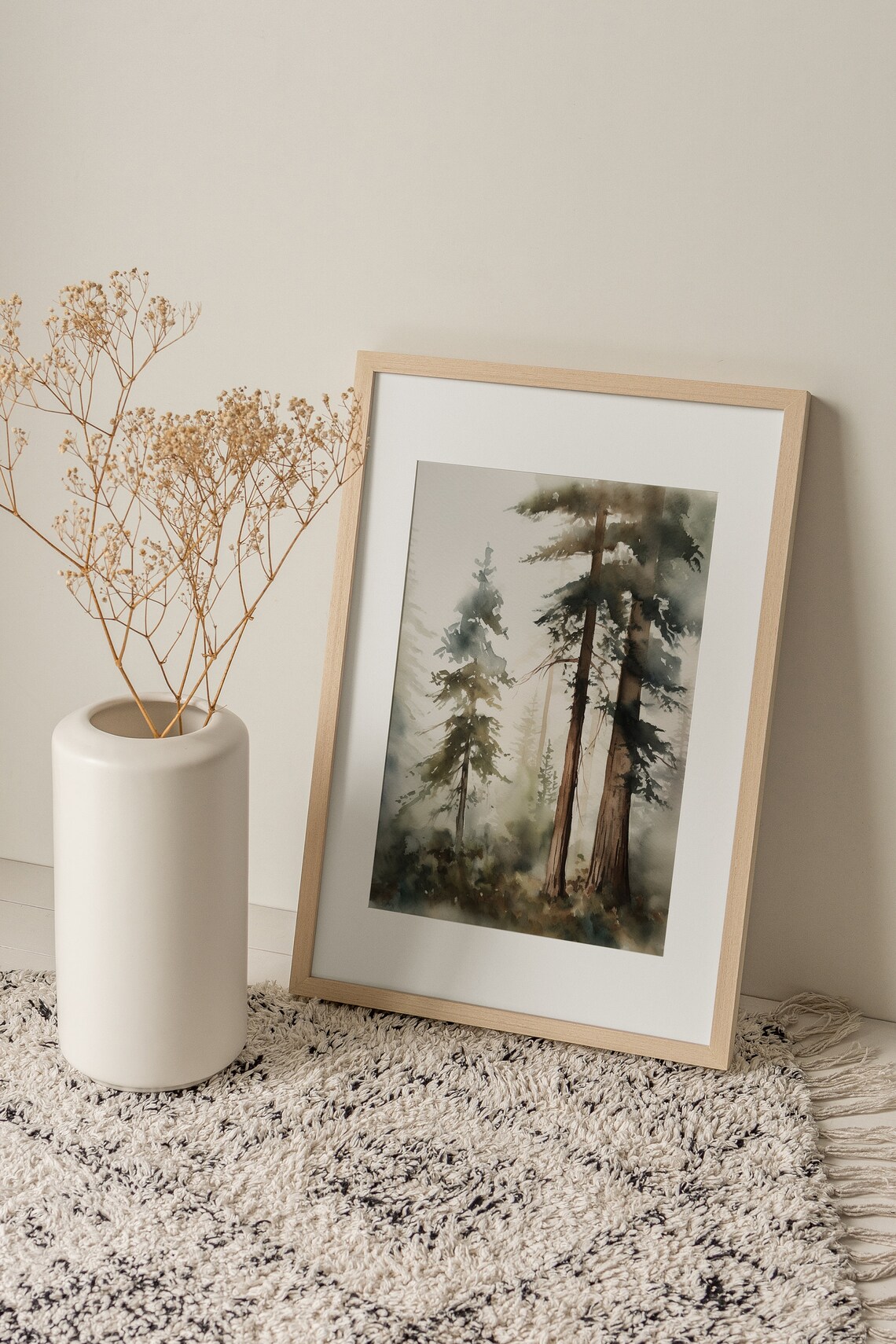 Pine Forest Watercolor Foggy Landscape Art Print - Image 3
