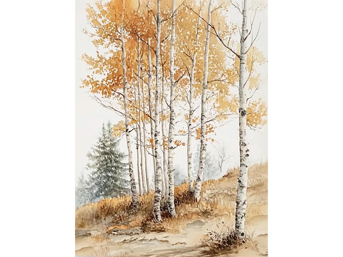 Fall Birch Tree Painting, Colorado Autumn Landscape Art
