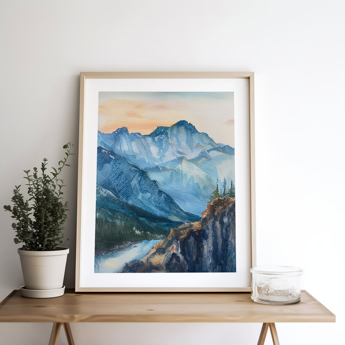 Blue Mountain Ranges Dawn Mist Rocky Cliff Watercolor Poster - Image 2