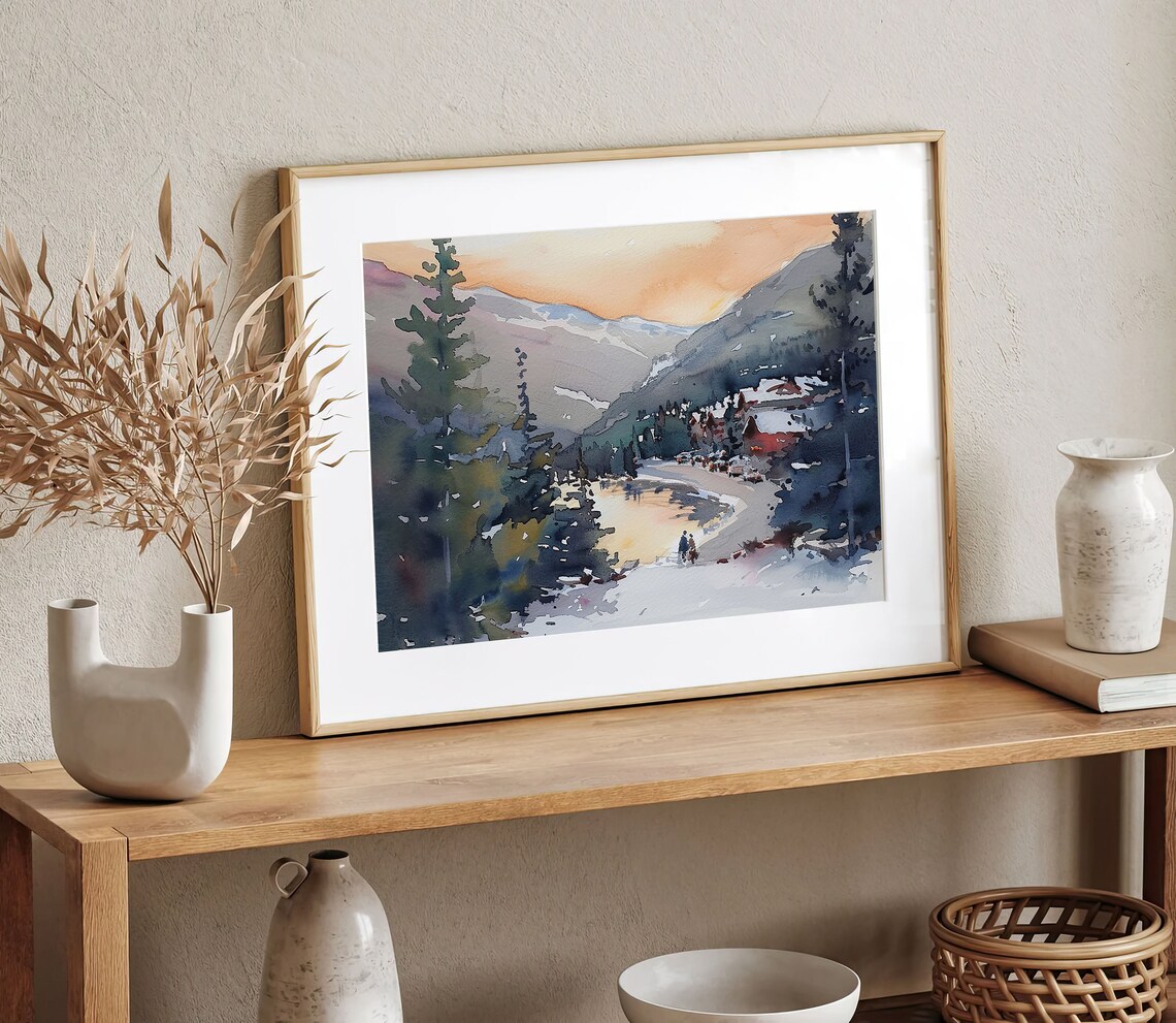 Lake Chelan Winter Mountain Lake Sunset Pines Watercolor Poster - Image 4