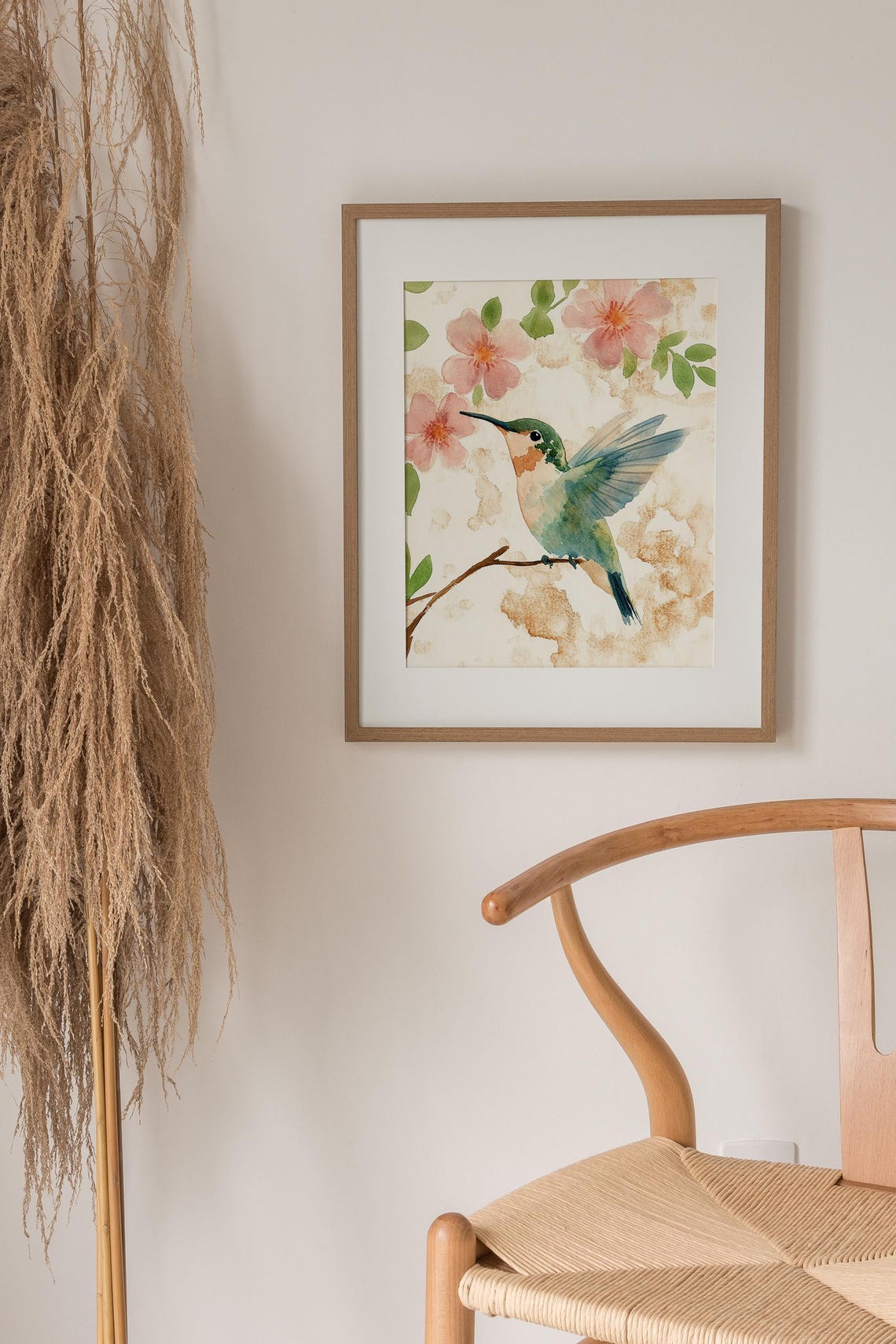 Hummingbird Perched Among Pink Blossoms Watercolor Bird Floral Poster - Image 2
