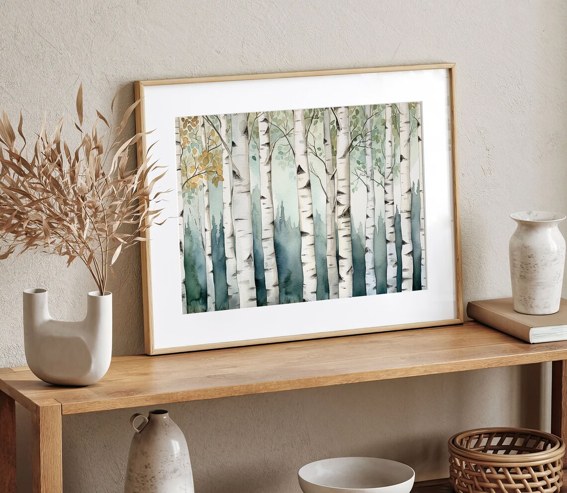 Birch Trees Watercolor Forest Art Print, Neutral Fall - Image 4