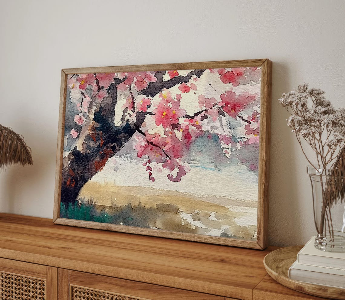 Blushing Pink Cherry Blossom Branches in Spring Watercolor Poster - Image 4