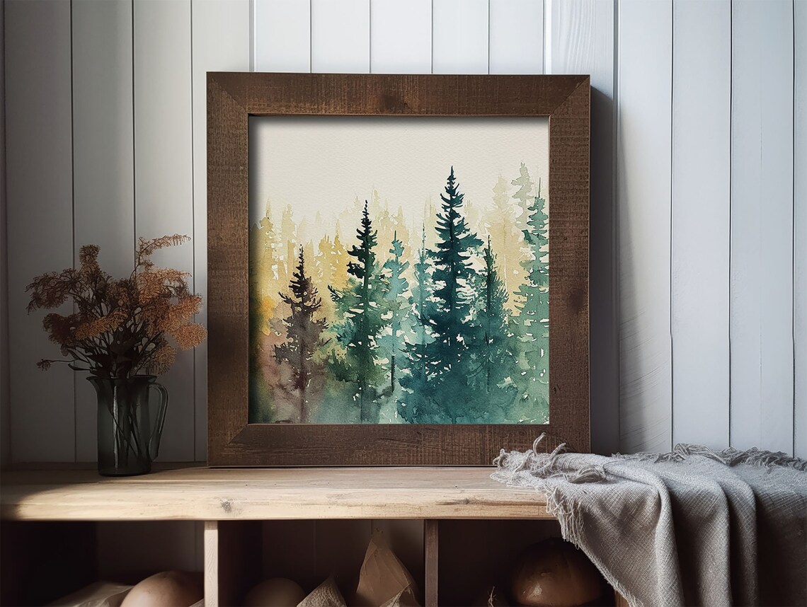 Misty Watercolor Pine Forest Foggy Evergreen Trees Calm Poster - Image 2