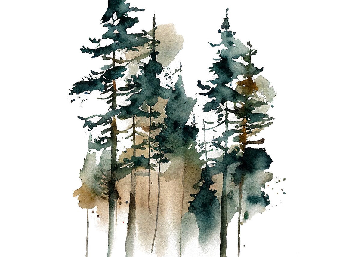 Pine Trees Watercolor Art Print, Misty Forest Landscape