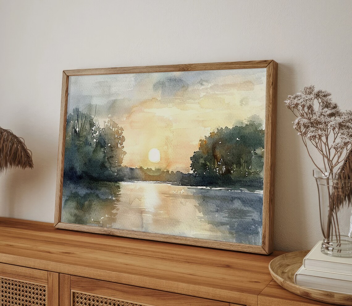 Michigan Sunrise Forest Lake, Watercolor Art Print - Image 5