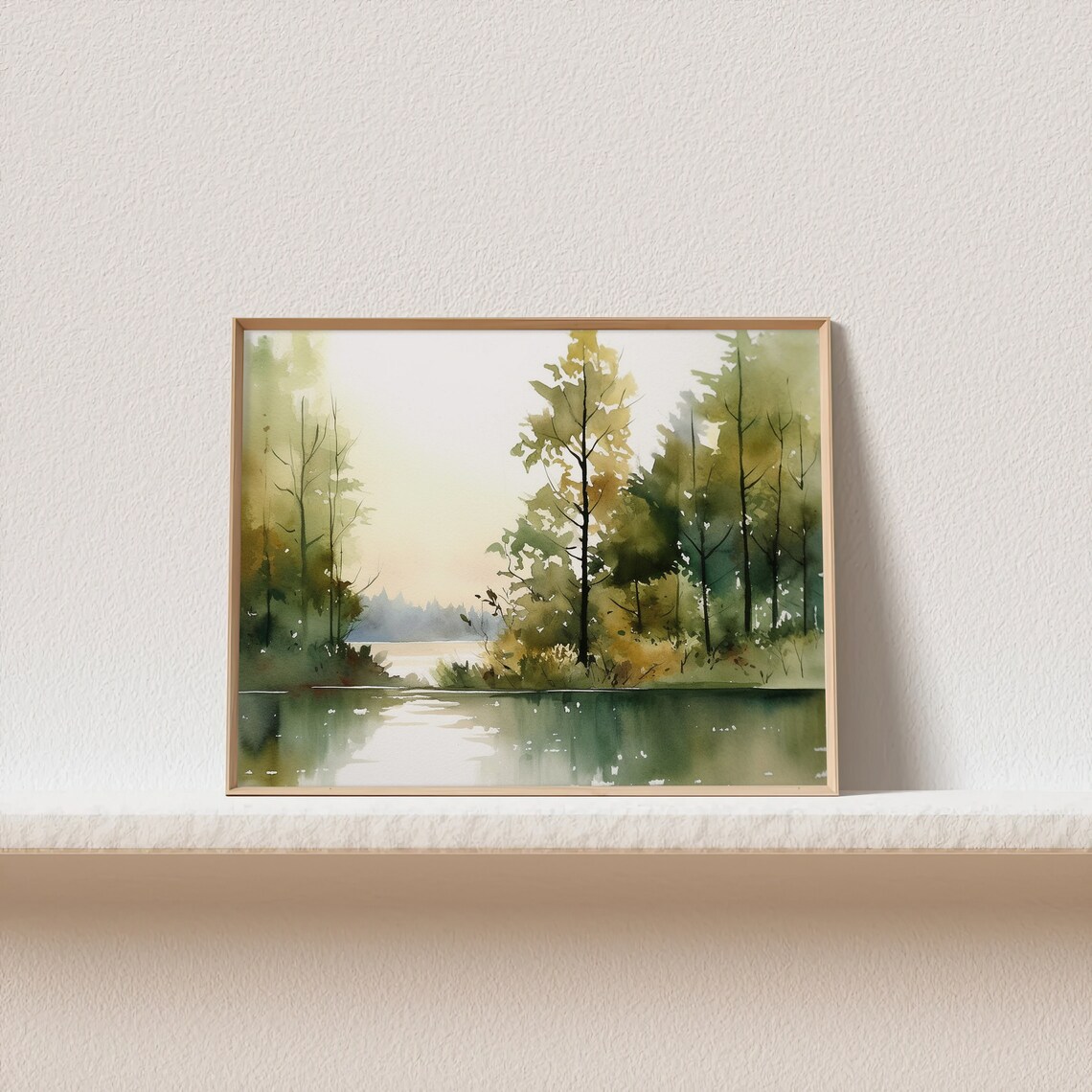 Lake Ontario Watercolor Print, Neutral Forest Landscape - Image 2