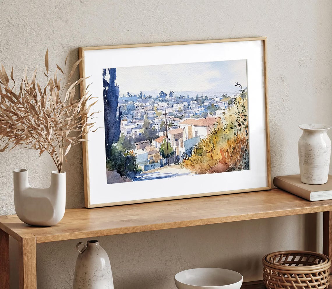 Los Angeles Painting Old Neighborhood Watercolor Art Print California Cityscape Wall Art Travel Poster Old Town Wall Decor - Image 3