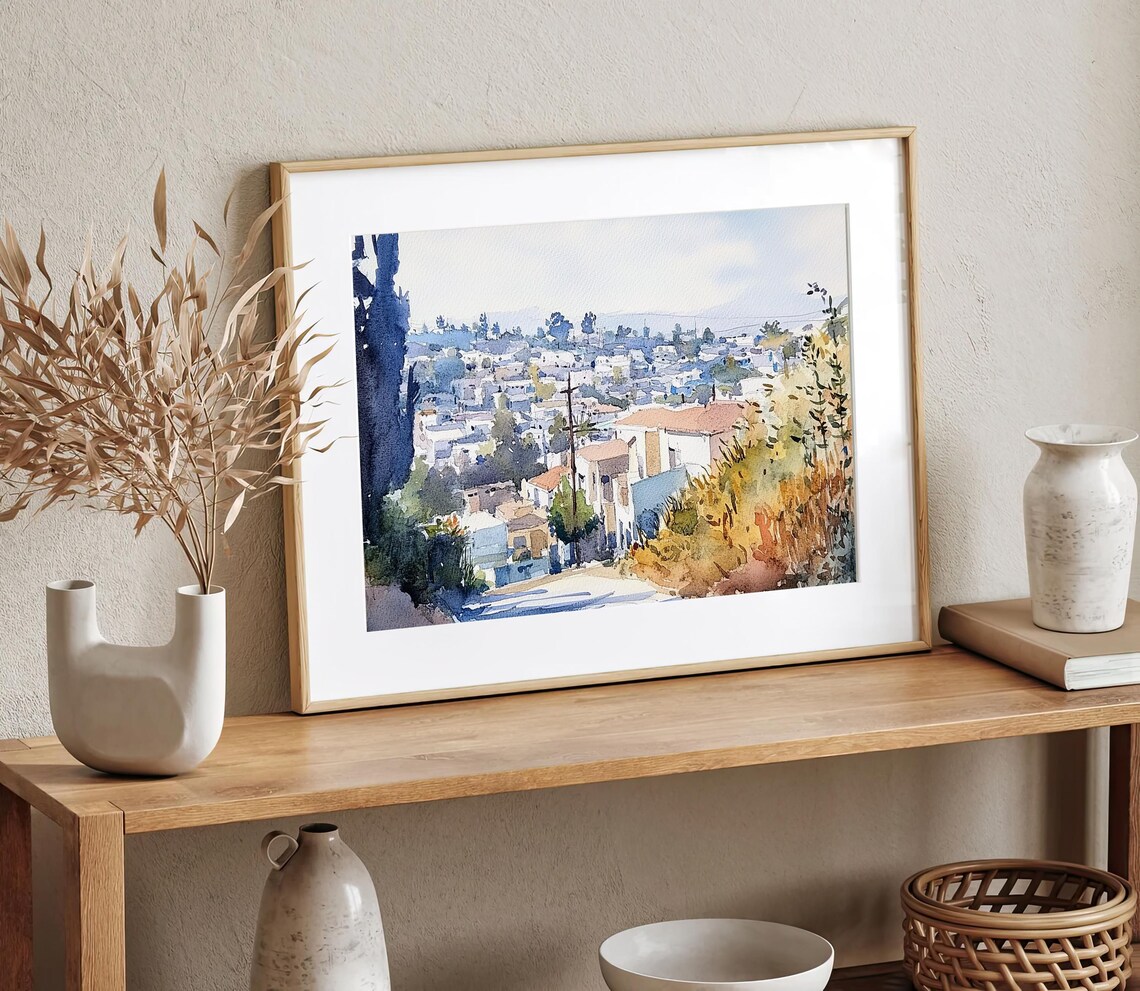 Mediterranean Hillside Village White Houses Watercolor Travel Poster - Image 3