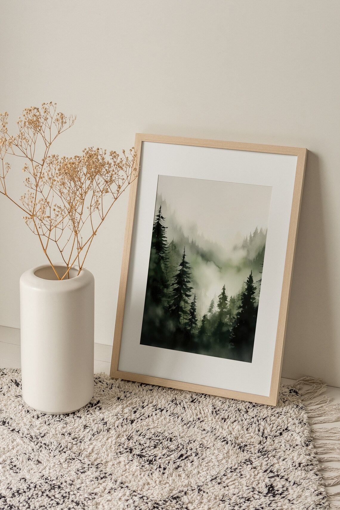 Serene Misty Pine Forest in Fog Moody Green Watercolor Art Poster - Image 2