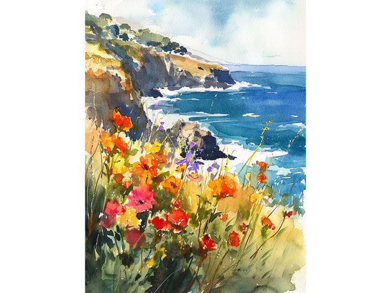Big Sur California Coastal Landscape Watercolor Art Print