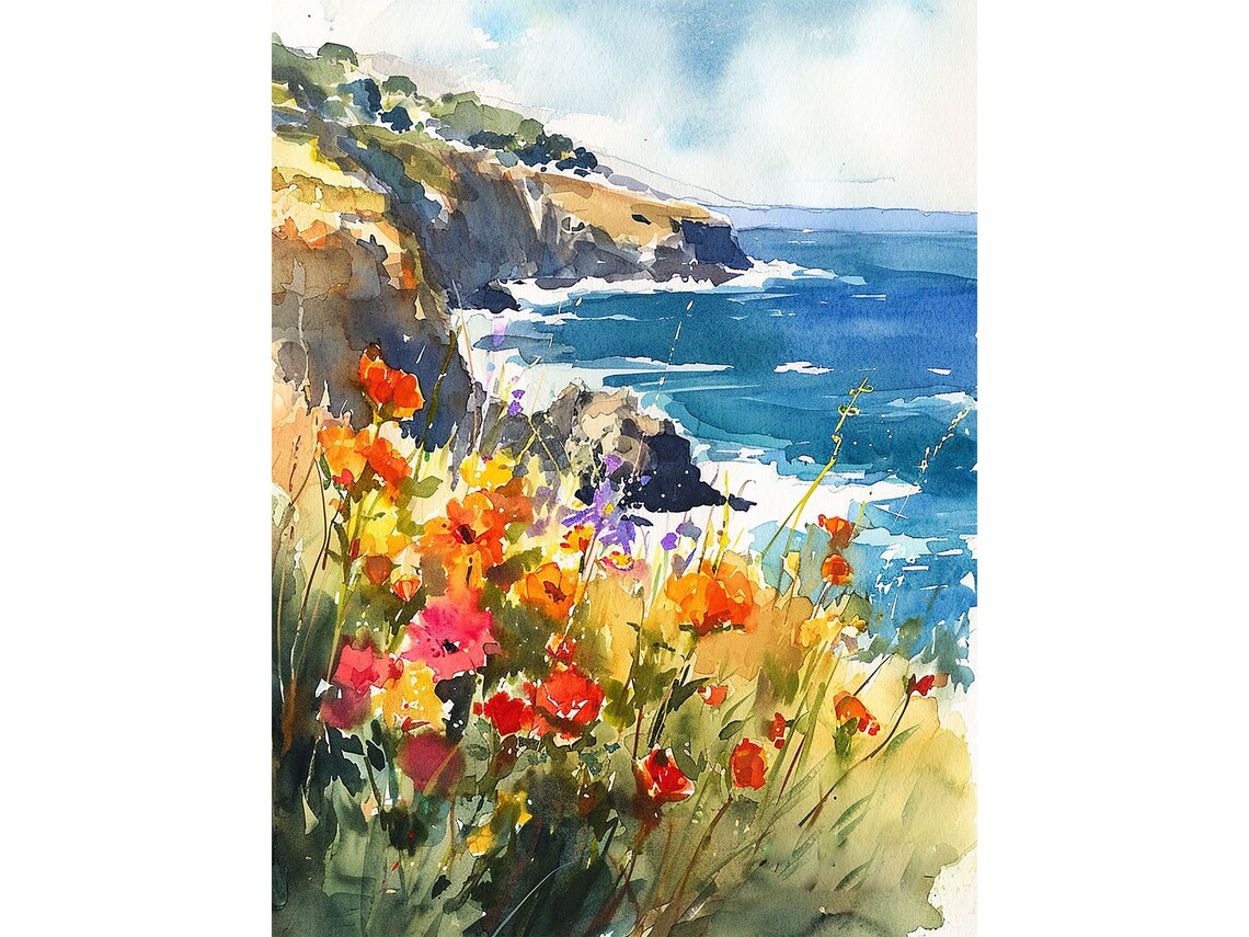 Big Sur California Coastal Landscape Watercolor Art Print