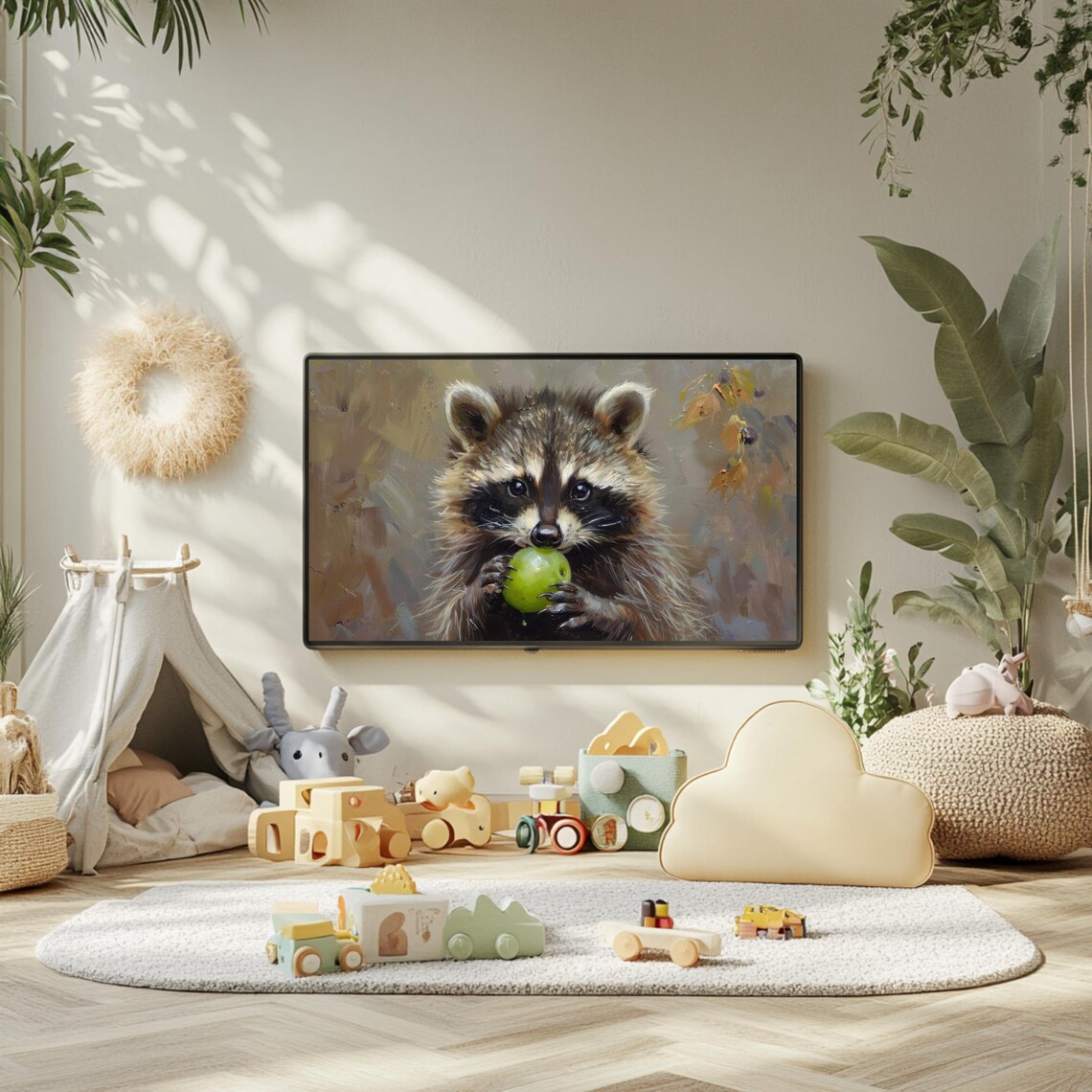 Baby Raccoon Holding Green Grape Cute Vintage Wildlife Animal Oil Painting Poster - Image 2