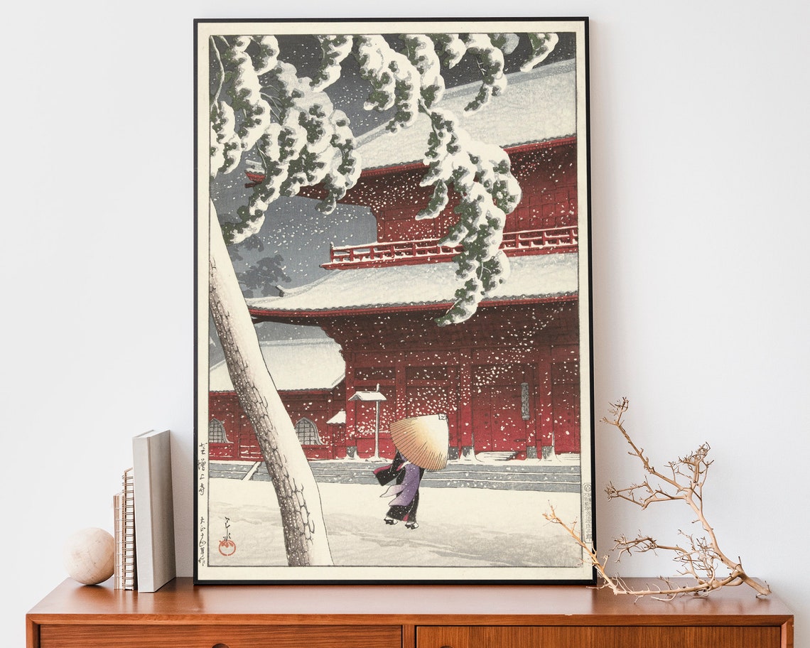 Kawase Hasui Snow At Zojoji Temple Figure With Umbrella Poster
