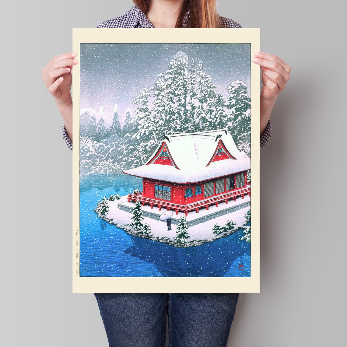 Japanese Snowy Temple Island Lake Woodblock Style Winter Poster - Image 4
