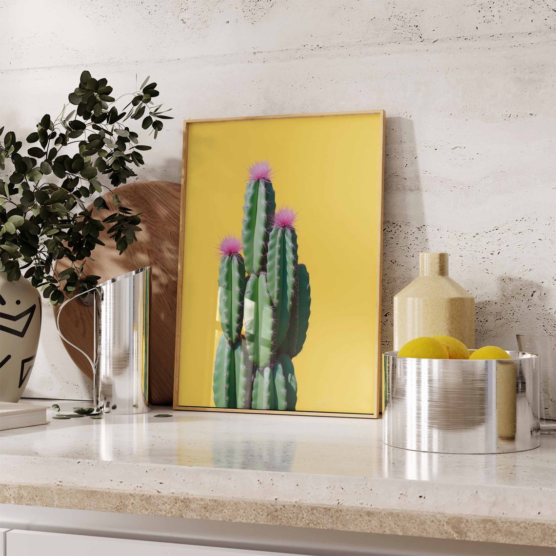 Columnar Cactus with Pink Fuzzy Blooms on a Yellow Background Poster - Image 2