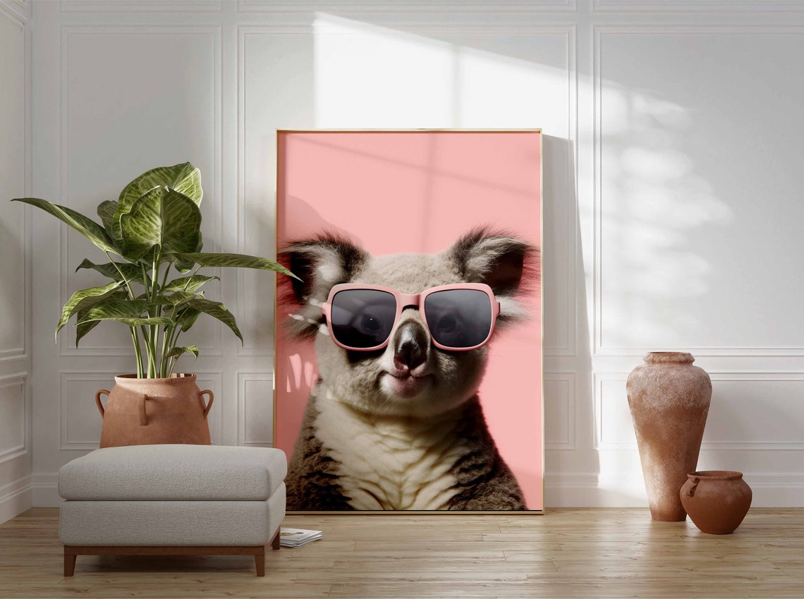 Koala Portrait with Pink Sunglasses on a Soft Blush Pink Poster - Image 3