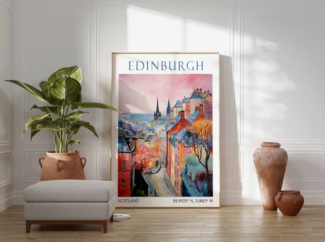 Edinburgh Old Town Cobblestone Street with Spires Poster Art - Image 2