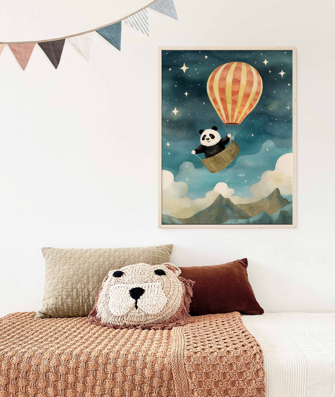 Panda in a Hot Air Balloon at Night Watercolor Nursery Poster - Image 3