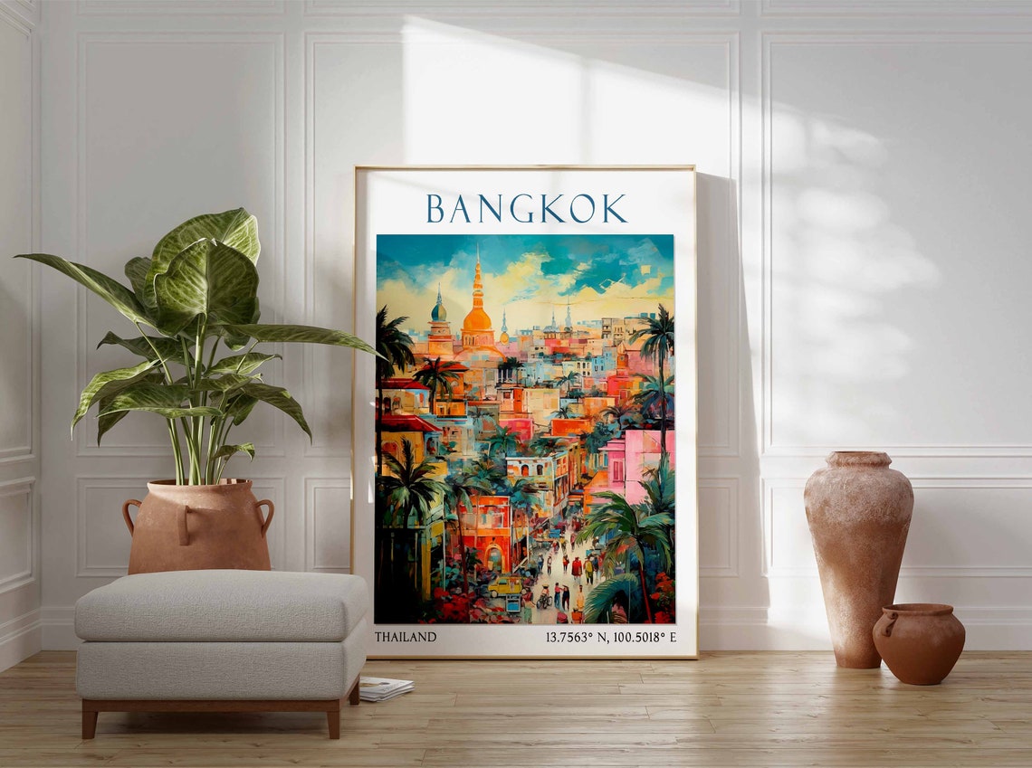 Bangkok Thailand Vibrant Old Town Street with Temple Spires Poster - Image 2
