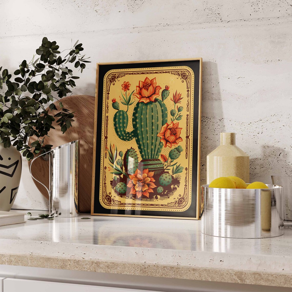 Blooming Cactus Orange Flowers Gold Ornate Border Mexican Poster - Image 2
