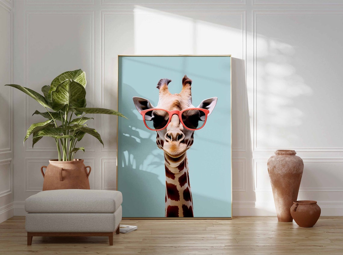 Giraffe Wearing Coral Sunglasses on a Teal Background Poster - Image 3