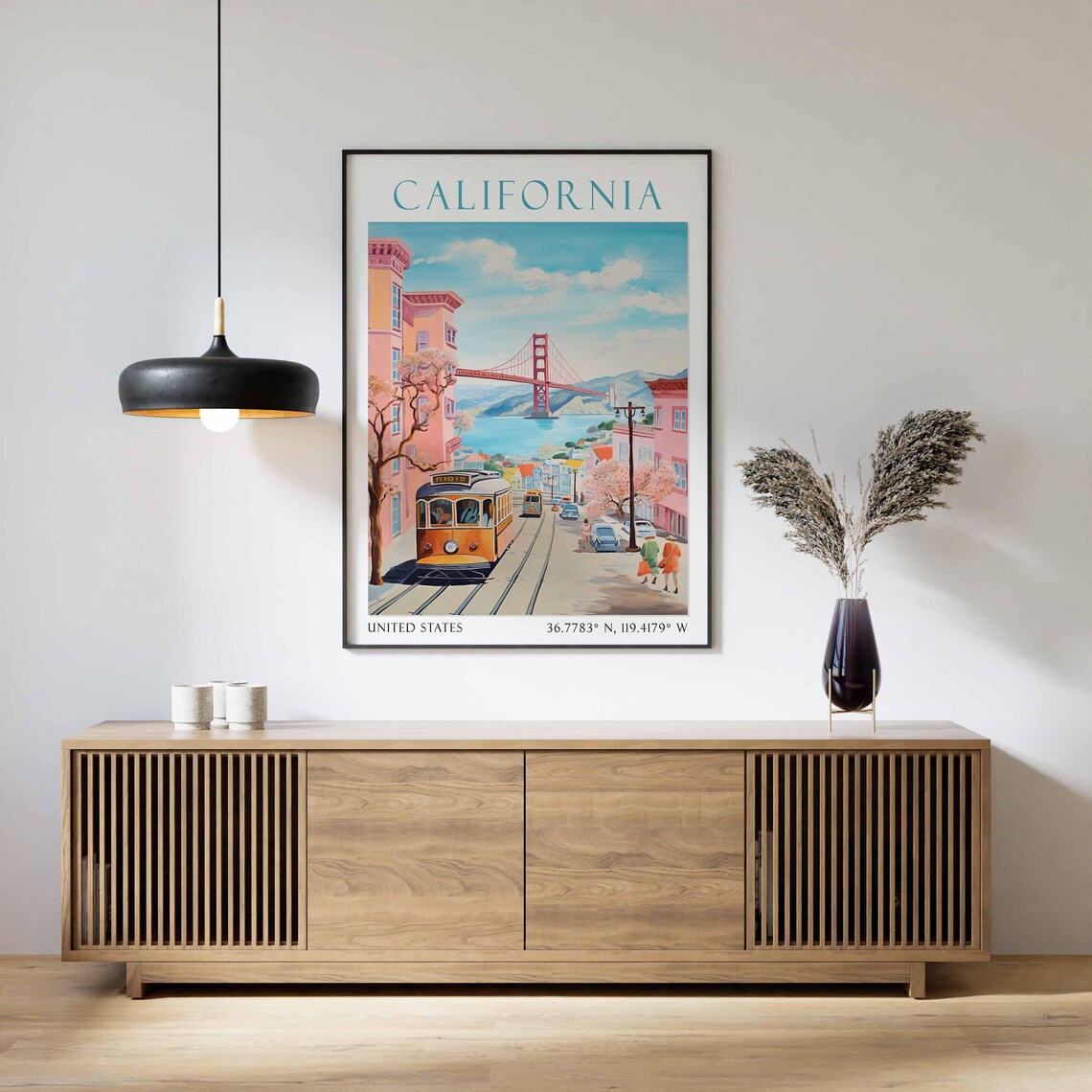 California San Francisco Cable Car Street Golden Gate Bridge Poster - Image 2