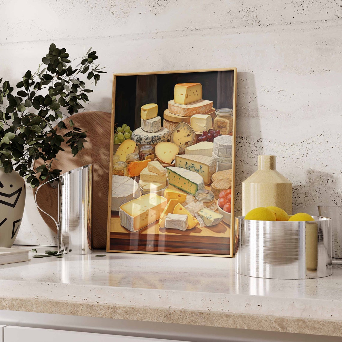 Abundant Cheese Board Still Life Brie Blue Cheese Grapes Poster - Image 2