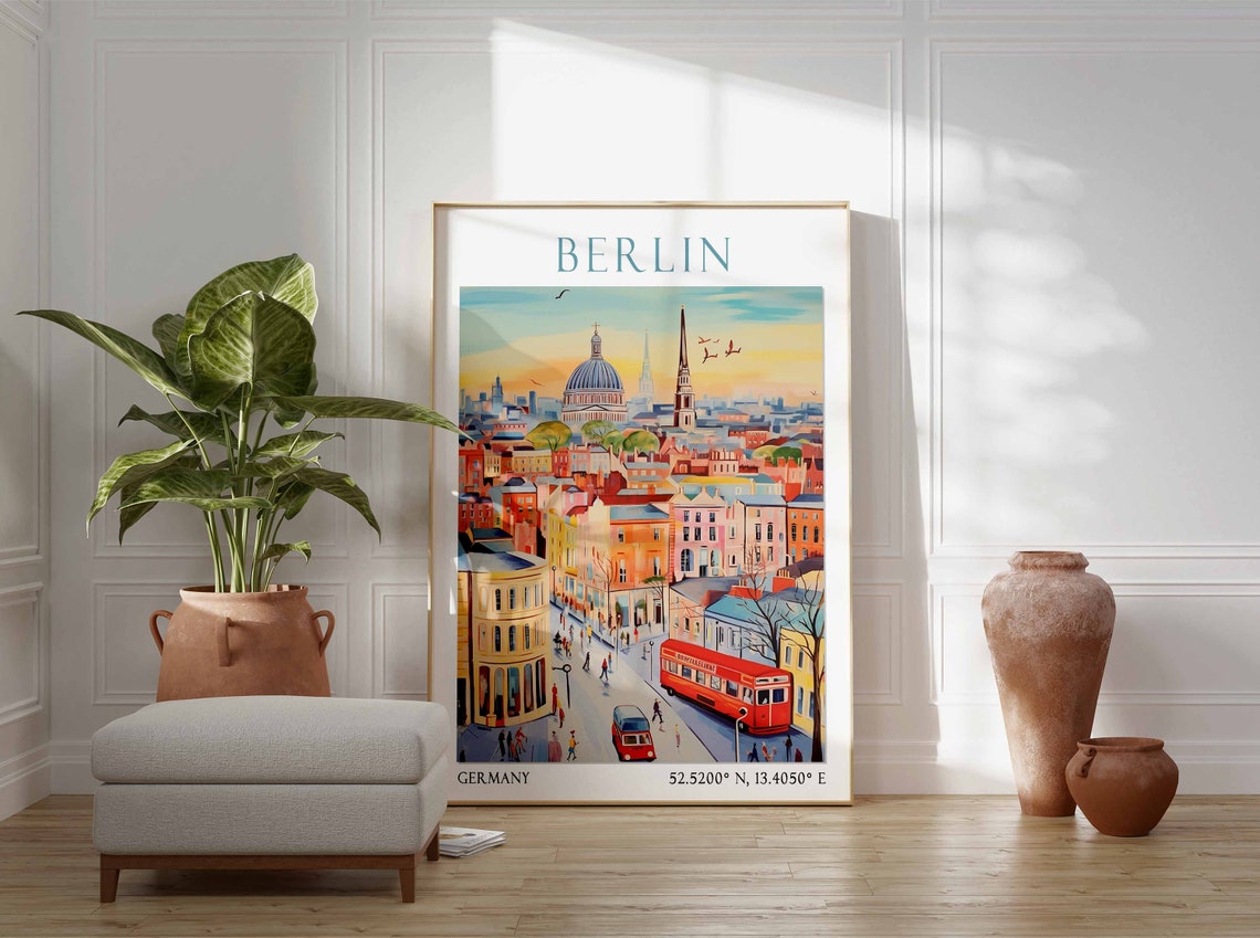 Berlin Skyline at Sunset with Cathedral Dome and Red Bus Poster - Image 2