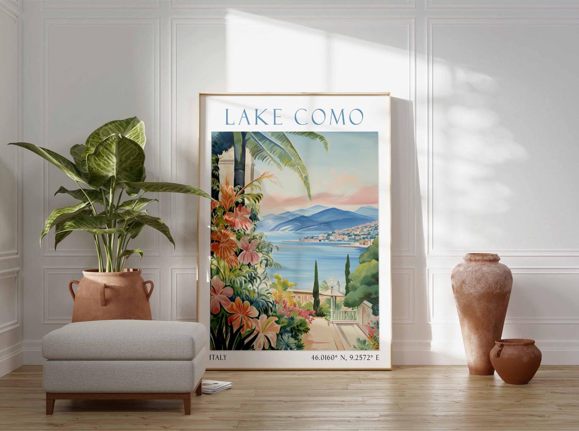 Lake Como Italy Lakeside Villa Garden Watercolor Travel Poster - Image 3