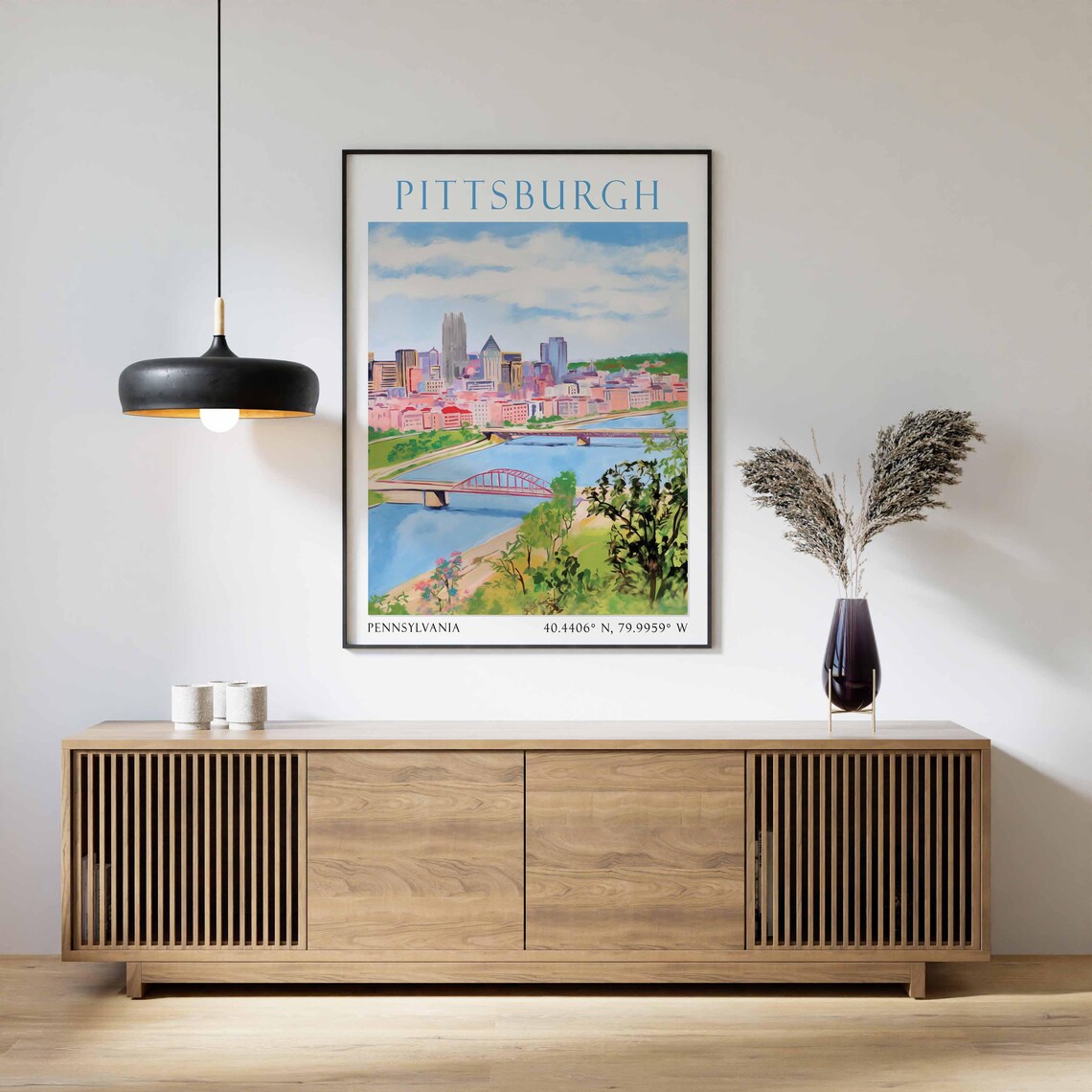 Pittsburgh Pennsylvania River Bridges Skyline Watercolor Travel Poster - Image 2