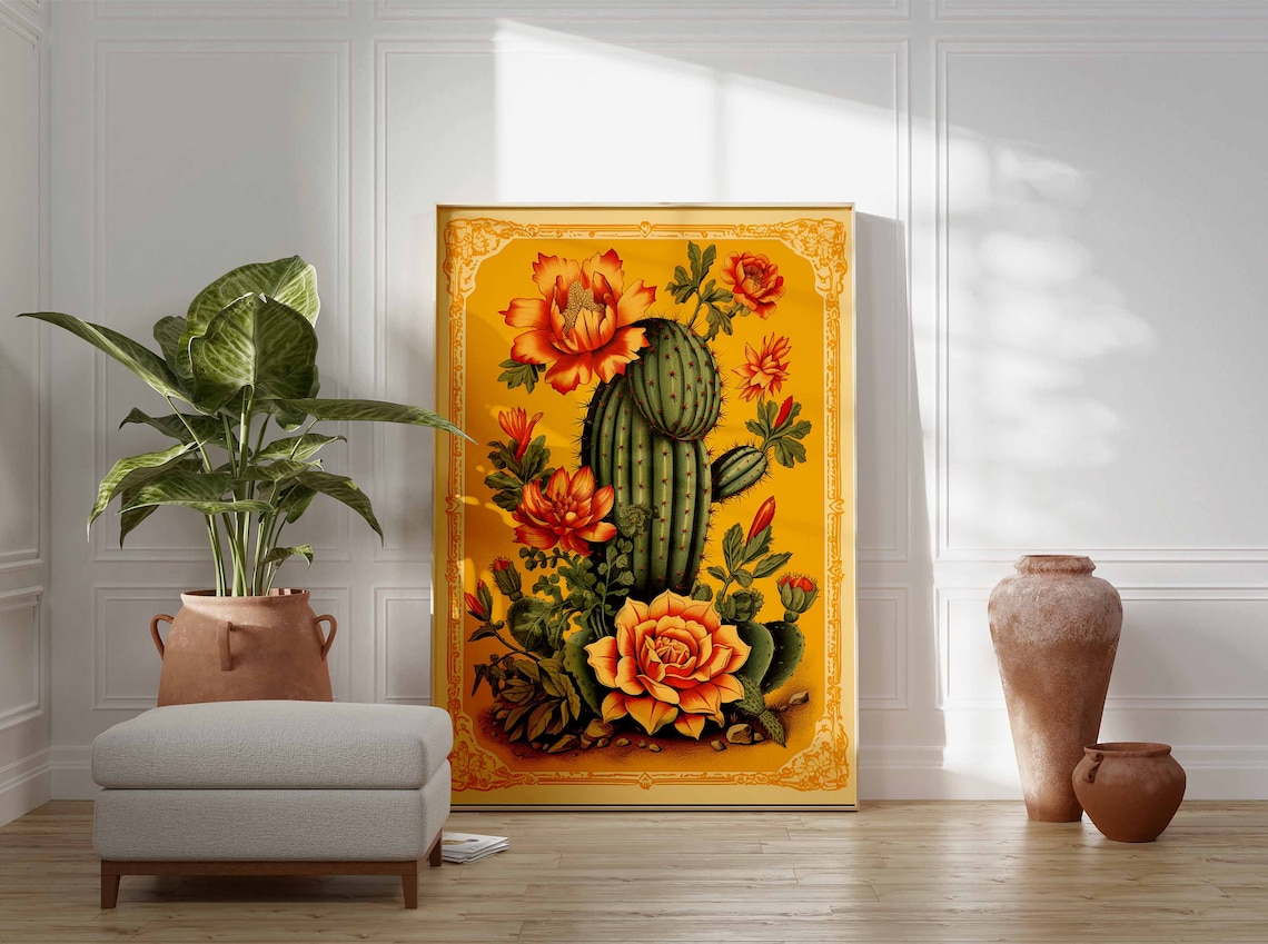 Vintage Golden Yellow Barrel Cactus Blossoms Botanical Art Print - Image 3
