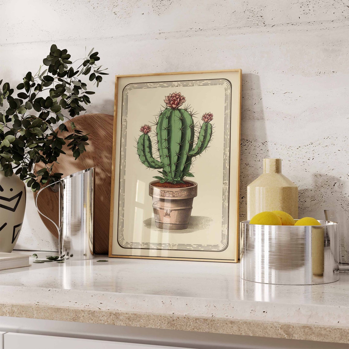 Vintage Botanical Cactus with Pink Blooms in a Terracotta Pot Poster - Image 2