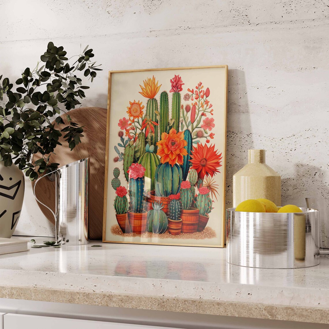 Potted Flowering Cacti in Terracotta Barrels Watercolor Poster - Image 2