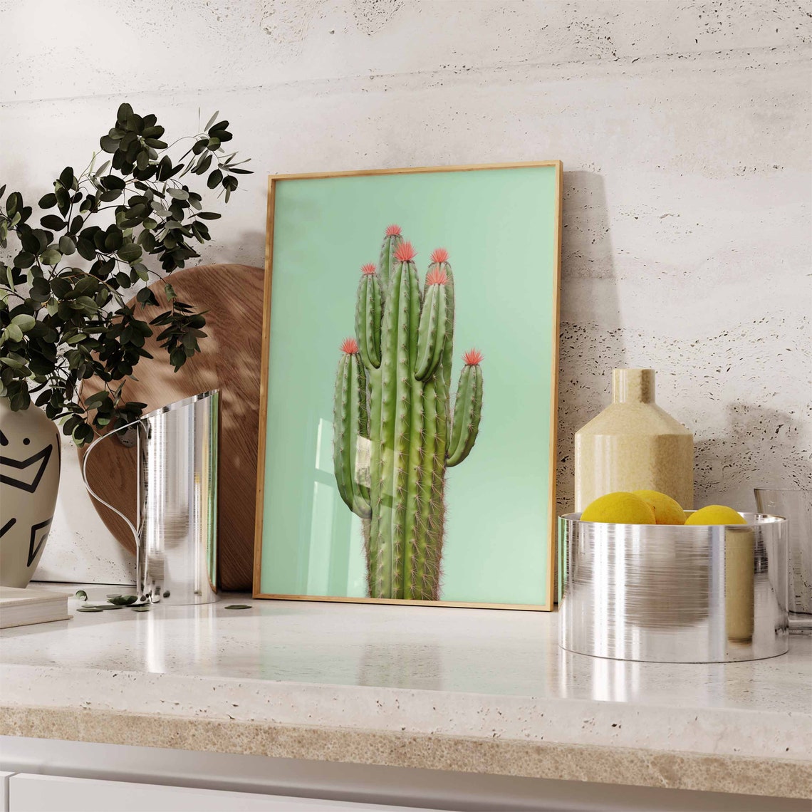Columnar Cactus with Red Flower Tufts on a Mint Green Backdrop Poster - Image 2