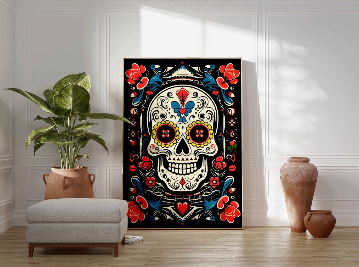 White Sugar Skull Blue Red Accents Black Background Folk Poster - Image 3