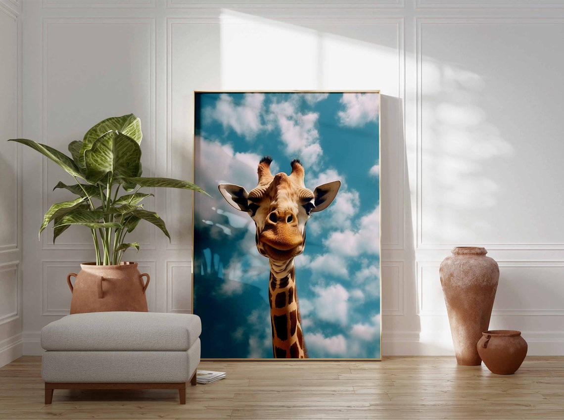 Giraffe Looking Down at the Camera Under a Cloudy Teal Sky Poster - Image 3