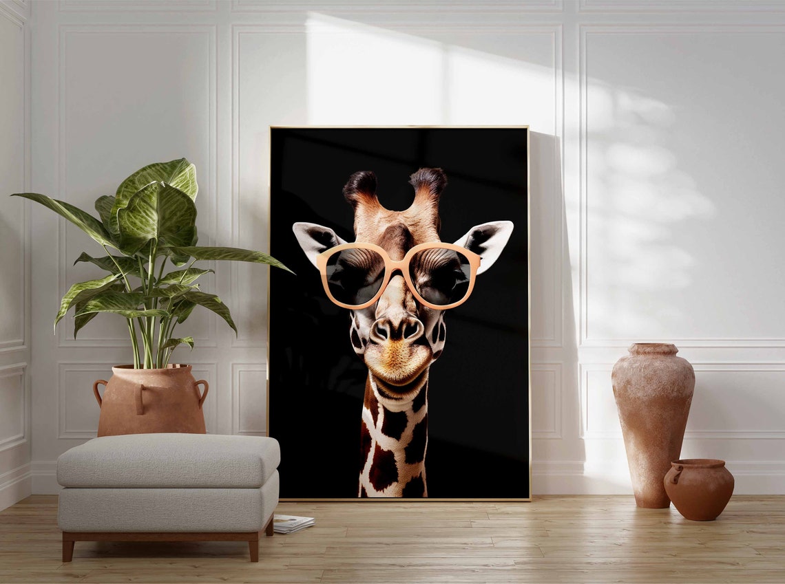 Chic Giraffe in Peach Sunglasses Portrait on Black Background Poster - Image 3