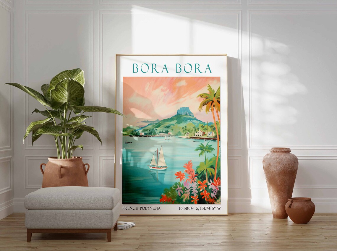 Turquoise Lagoon Sailboat and Tropical Flowers Bora Bora Poster - Image 2
