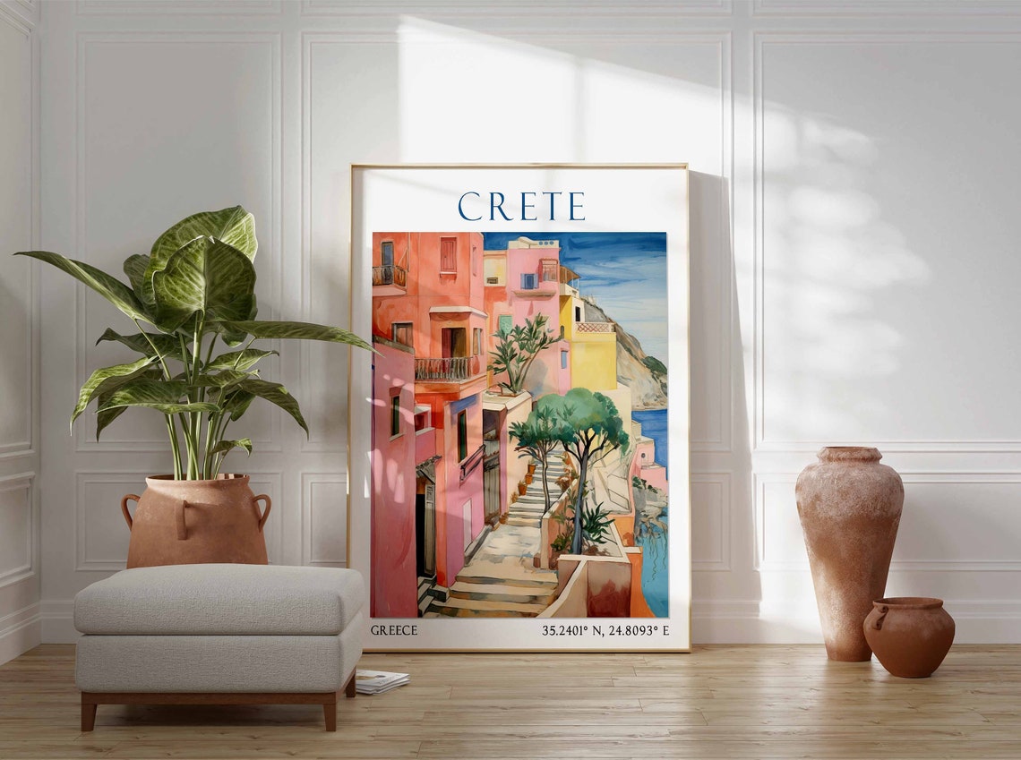 Crete Pink Alley Staircase by the Blue Sea Greece Poster Art - Image 2