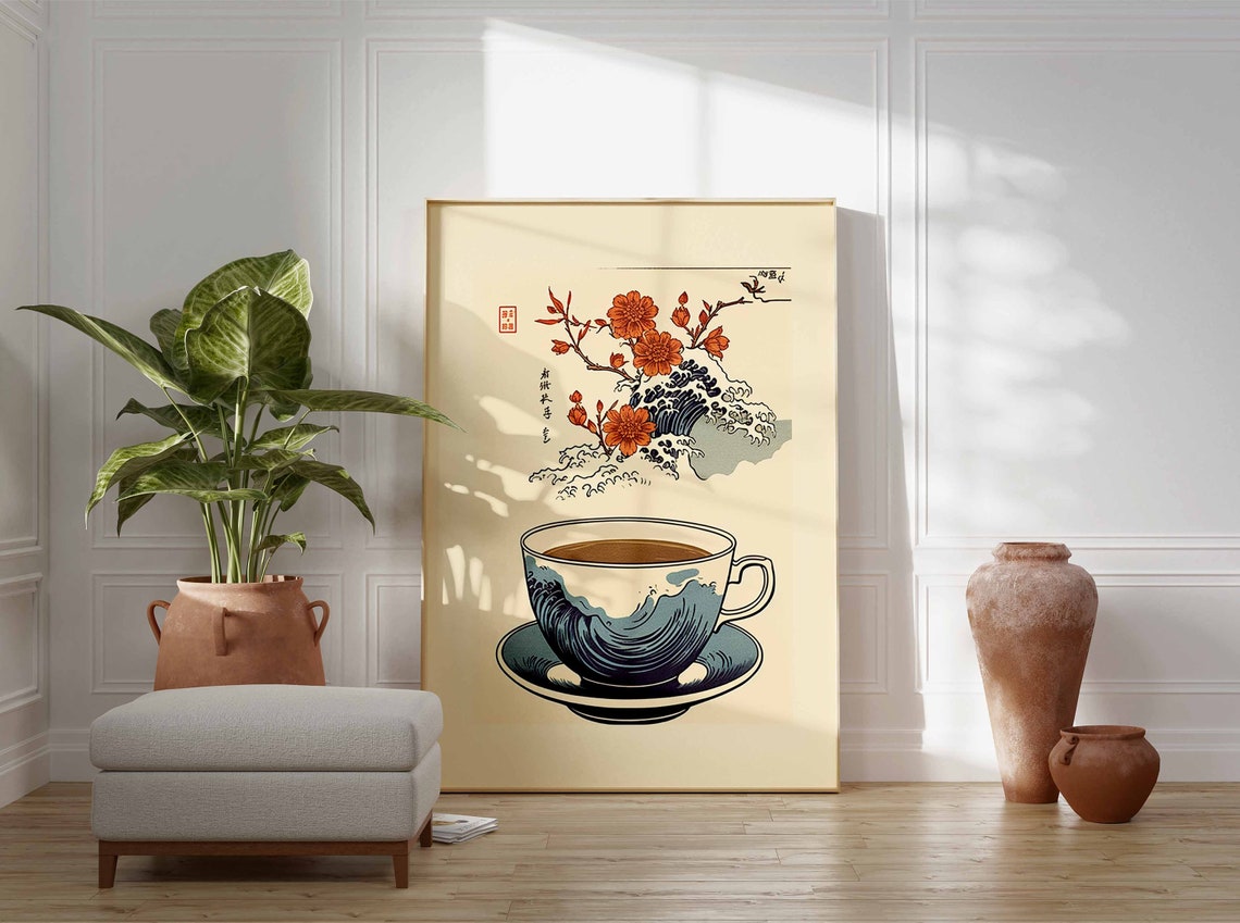 Japanese Tea Cup Great Wave Blossom Ukiyo-E Style Tea Poster - Image 2