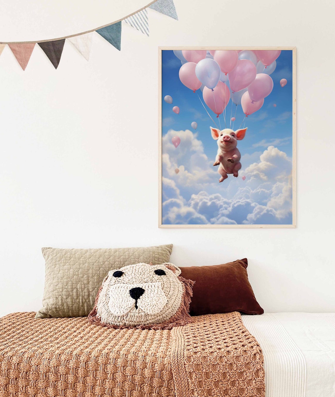 Smiling Little Piglet Flying with Pink Balloons Nursery Poster - Image 3