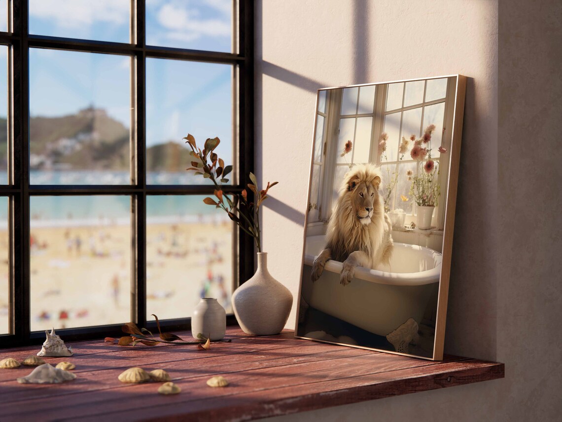 Regal Lion Lounging In A Sunlit Clawfoot Tub With Blooms Poster - Image 2